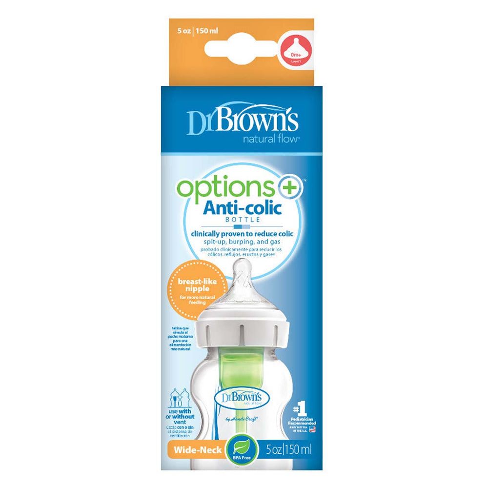 Dit is de Dr. Brown's babyfles brede nek 150 ml. De fles bevat 150 ml en heeft het bekende anti-koliek ventielsysteem van Dr Brown’s. De fles heeft een brede hals fles en borstvormige speen maat 1. VanZus.