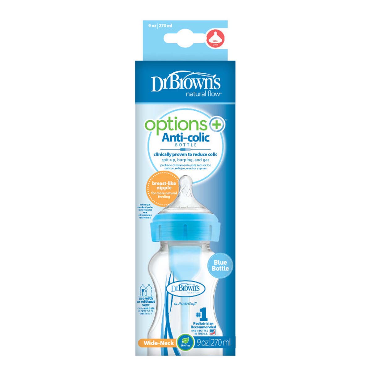 Dit is de Dr. Brown's babyfles brede nek 270 ml blue. De babyfles met 270 ml inhoud heeft het bekende anti-koliek ventielsysteem van Dr Brown’s, een brede hals fles, borstvormige speen maat 1 en blauwe accenten. VanZus.