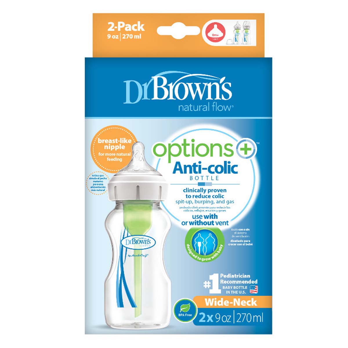 Dit is de Dr. Brown's babyfles brede nek 270 ml 2 stuks. Een set van 2 270 ml flessen met het bekende anti-koliek ventielsysteem van Dr Brown’s. De flesjes hebben een brede hals fles en borstvormige speen maat 1. VanZus.