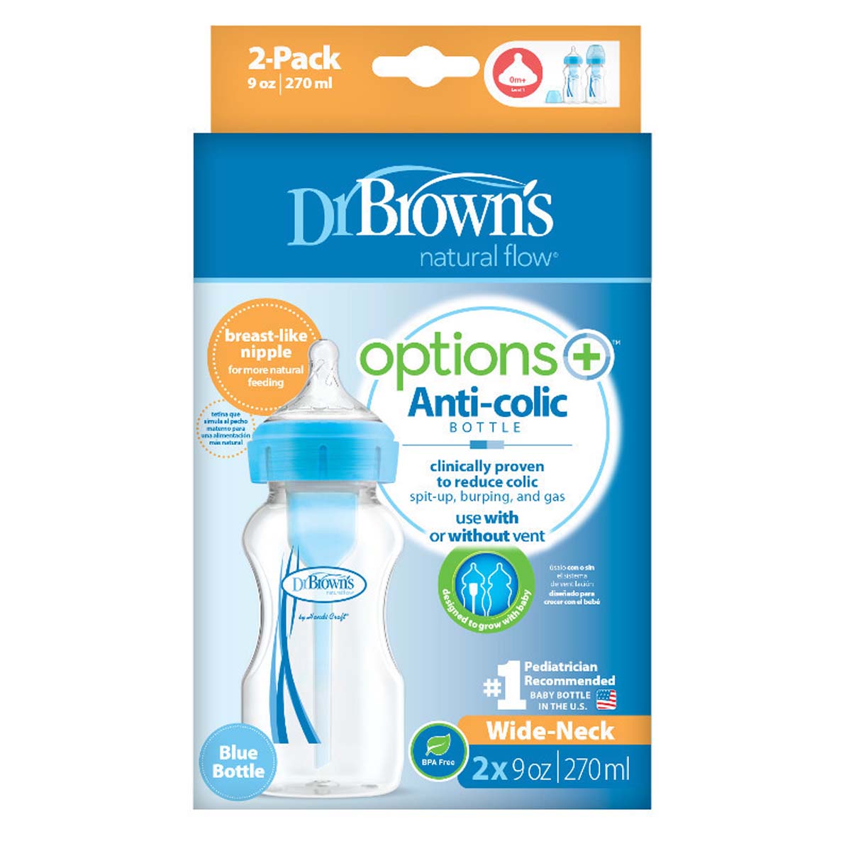 Dit is de Dr. Brown's babyfles brede nek 270 ml blue 2 stuks. Een set van 2 270 ml flessen met het anti-koliek ventielsysteem van Dr Brown’s. De flesjes hebben een brede hals fles en borstvormige speen maat 1. VanZus.