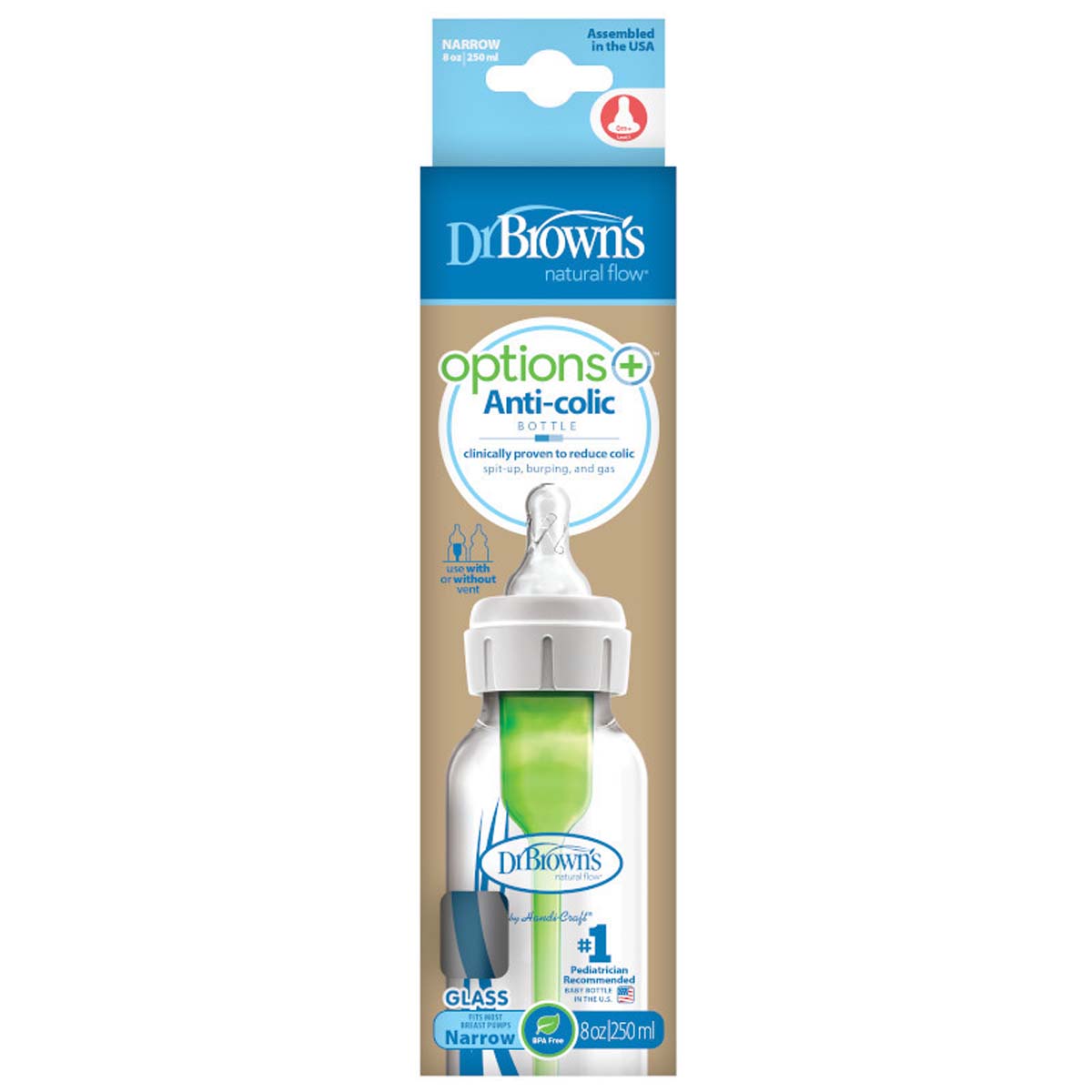 Dit is de Dr. Brown's glazen babyfles smal 250 ml. De babyfles met 250 ml inhoud heeft het bekende anti-koliek ventielsysteem van Dr Brown’s, een brede hals en borstvormige speen maat 1. VanZus.