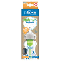 Dit is de Dr. Brown's glazen babyfles brede nek 270 ml. Deze glazen babyfles met 270 ml inhoud heeft het bekende anti-koliek ventielsysteem van Dr Brown’s, een brede halsen borstvormige speen maat 1. VanZus.