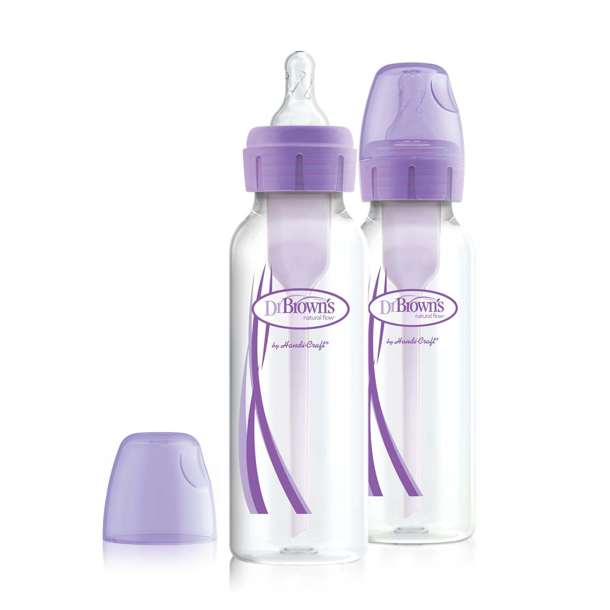 Dit is de Dr. Brown's babyfles smal 250 ml purple 2 stuks. Een set van 2 250 ml flessen met het bekende anti-koliek ventielsysteem van Dr Brown’s. De flesjes hebben een standaard hals fles, borstvormige speen maat 1. VanZus.