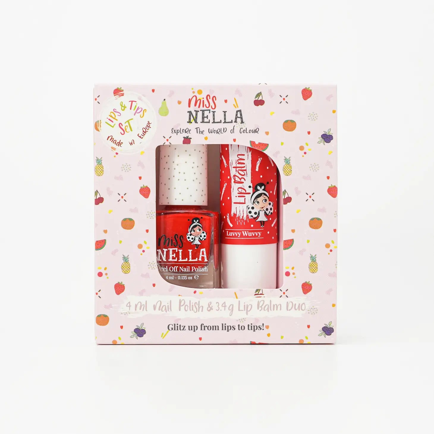 Miss Nella duo pack strawberry'n'cream nagellak en lipbalm luvvy wyvvy is een echte musthave voor jonge fashionista's. Peel off en vrij van chemicaliën. Laat jouw kindje stralen met kleurrijke nagels en mooie lippen. VanZus