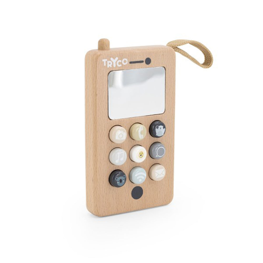 Tring, tring! Wie belt daar op de Tryco houten telefoon? Deze vrolijk uitziende speelgoed telefoon is het nieuwe favoriete accessoire van je kleintje. Net als papa en mama even opa en oma bellen, wat een feest! VanZus.