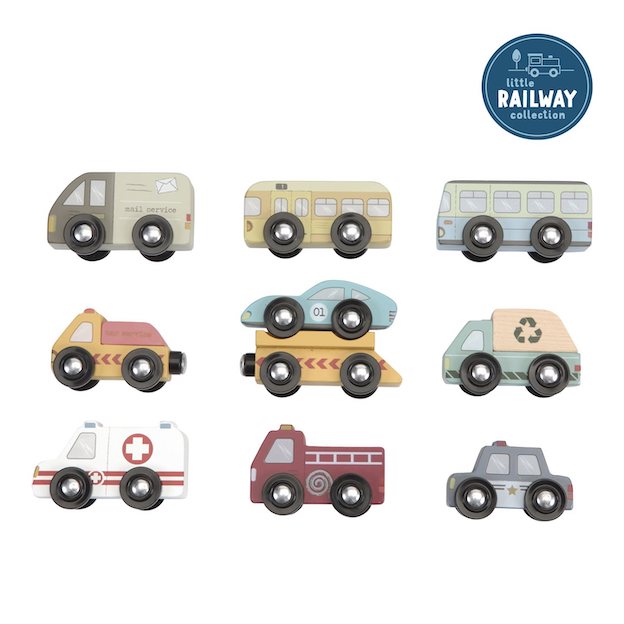 Urenlang speelplezier met de voertuigenset in hout van Little Dutch. De set met speelgoedauto's bestaat uit verschillende voertuigen die perfect zijn om mee op een rails van de treinbaan van Little Dutch te rijden.