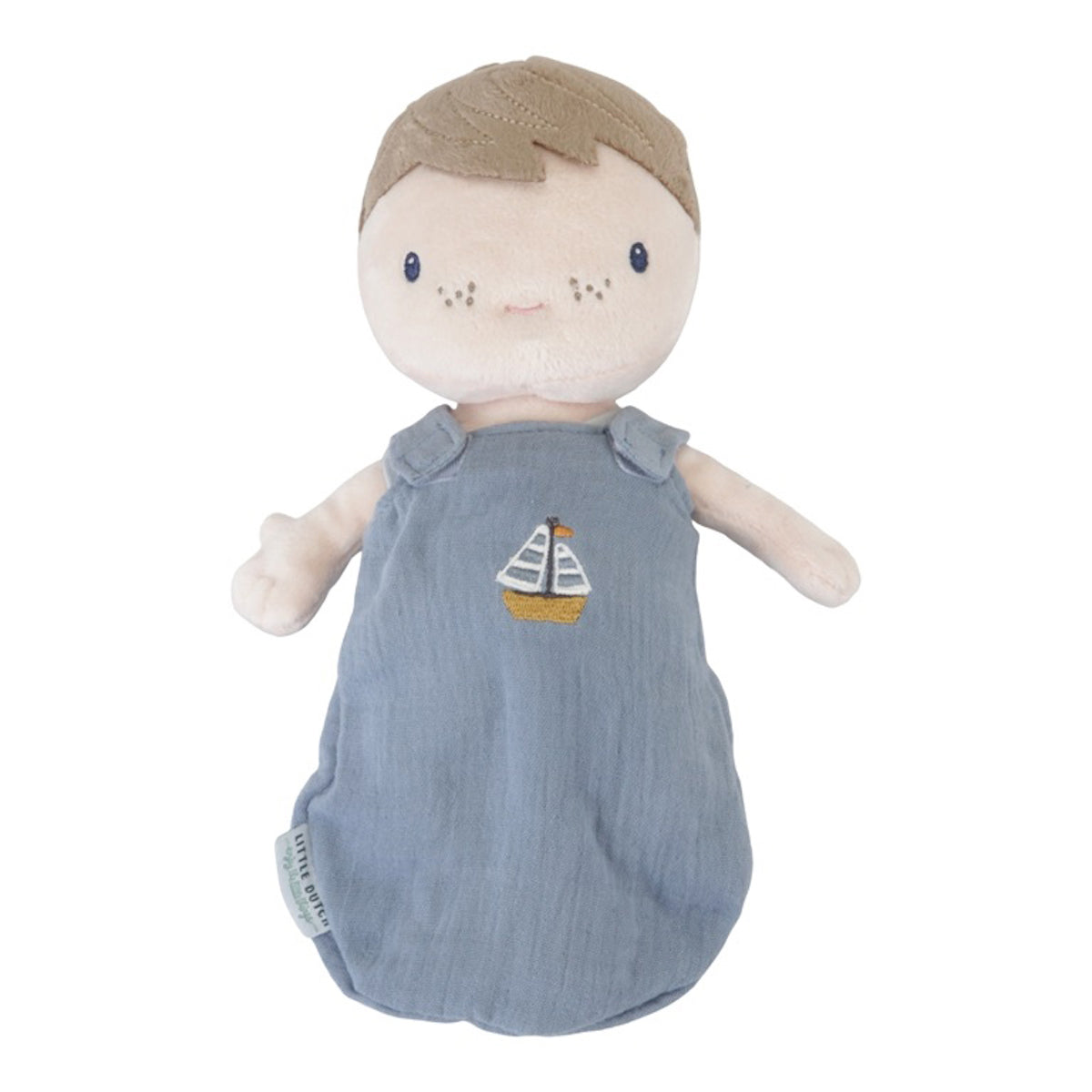 Maak kennis met de lieve babypop Jim. De pluche knuffelpop van Little Dutch in schattig tuinpakje steelt de show in de poppenwagen of in de baby- of kinderkamer. Jim is ook leuk om te geven als kraamcadeau. VanZus