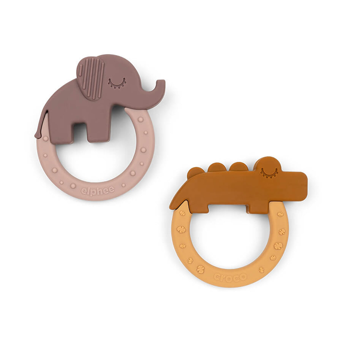 De Done by Deer 2-pack bijtring deer friends mustard/powder zijn twee zachte siliconen bijtringen met verschillende vormen en texturen. Olifant en krokodil helpen bij doorkomende tandjes. VanZus