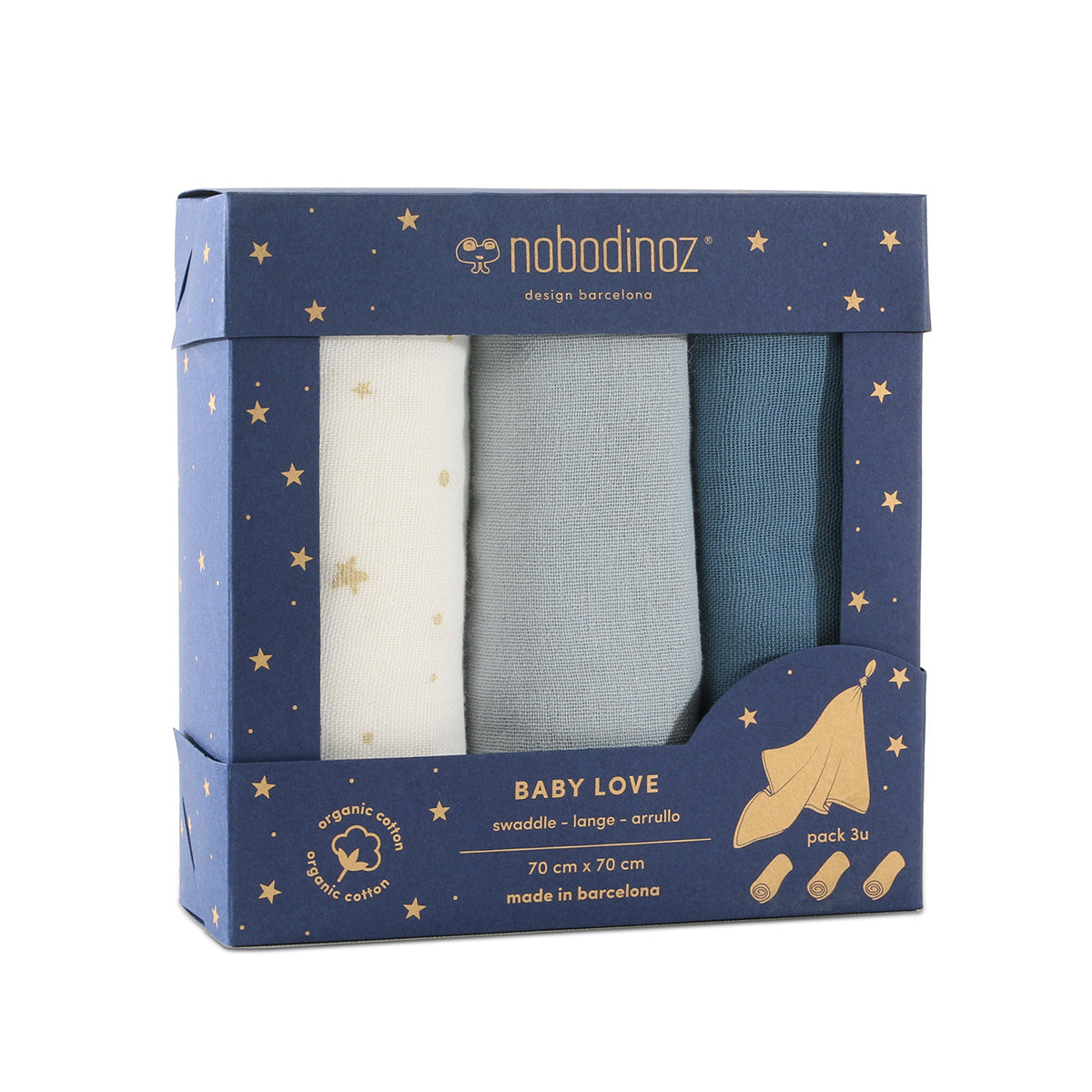 Hydrofiele doeken heb je nooit genoeg! De Nobodinoz 3 pack hydrofiele doeken 70x70cm blue is onmisbaar voor kersverse ouders. De set bevat 3 kleine extra zachte doeken, gemaakt van superzacht biologisch katoen (dubbele mousseline). VanZus