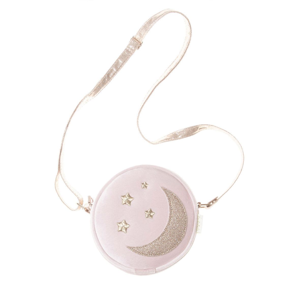 Kijk eens wat een schattig tasje van Rockahula. Het kindertasje maan en sterren velvet, met goudkleurige details van maan en sterren in superzachte roze stof is een echte eyecatcher. VanZus