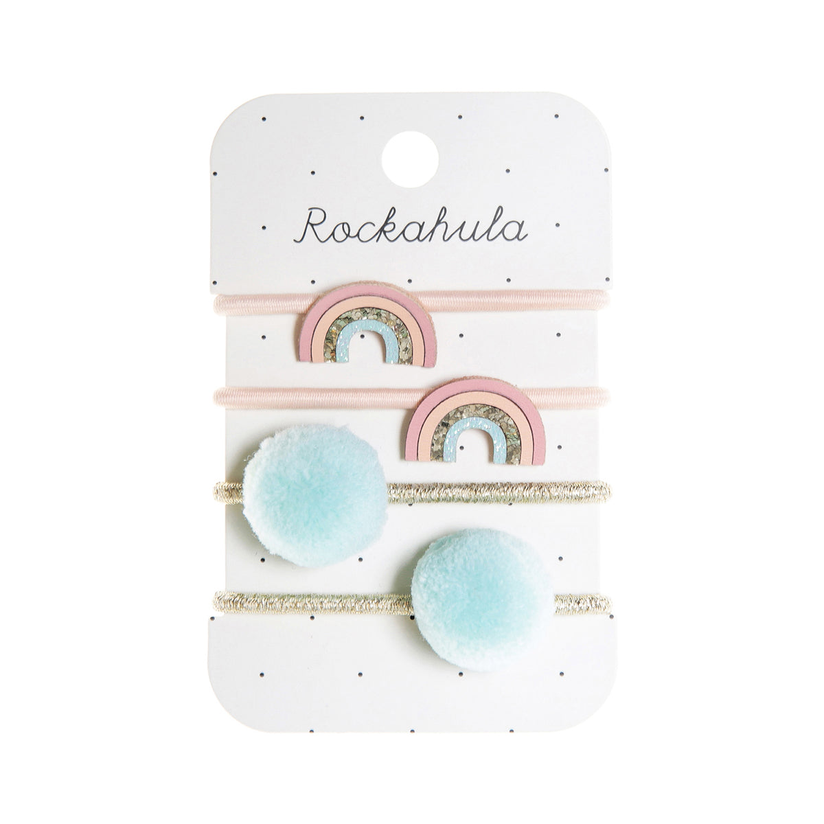 Houd op een stijlvolle manier de haren van jou kindje uit het gezicht met de shimmer rainbow elastiekjes van Rockahula. Hip, vrolijk en schattig. Met verschillende pastelkleuren en gouden glitter details. VanZus