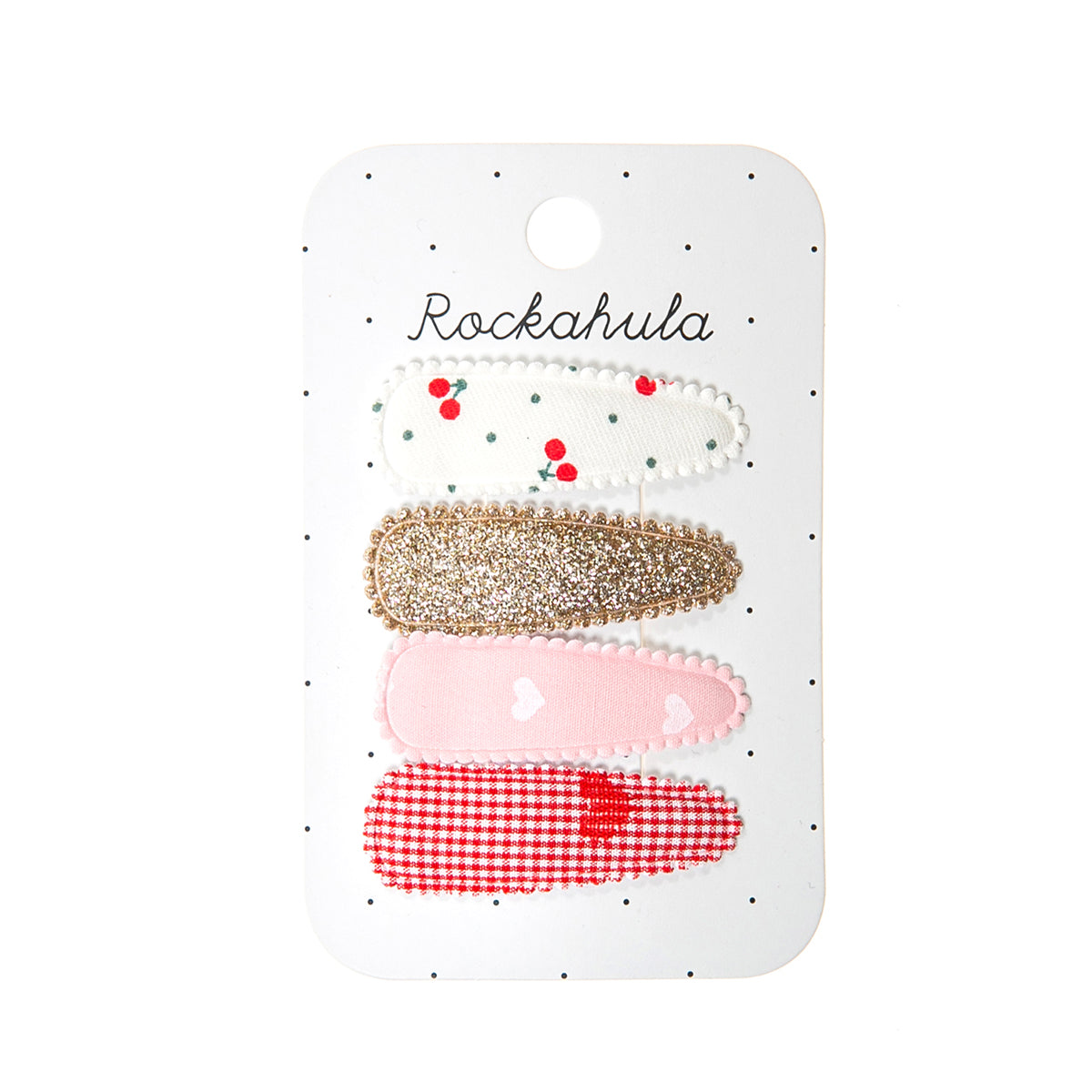 I love you cherry-much! De sweet cherry stoffen speldjes van Rockahula zijn een musthave. De set bestaat uit 4  speldjes, versierd met verschillende stoffen printjes. Combineer met sweet cherry elastieken. VanZus