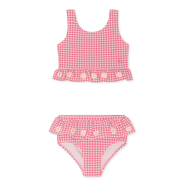 Met onze Konges Slojd soline bikini desert rose ben jij klaar voor de zomer! Deze leuke roze meisjes bikini met bloemetjes is gemaakt van gerecyclede plastic flessen. UPF 50+ zonbescherming. VanZus.