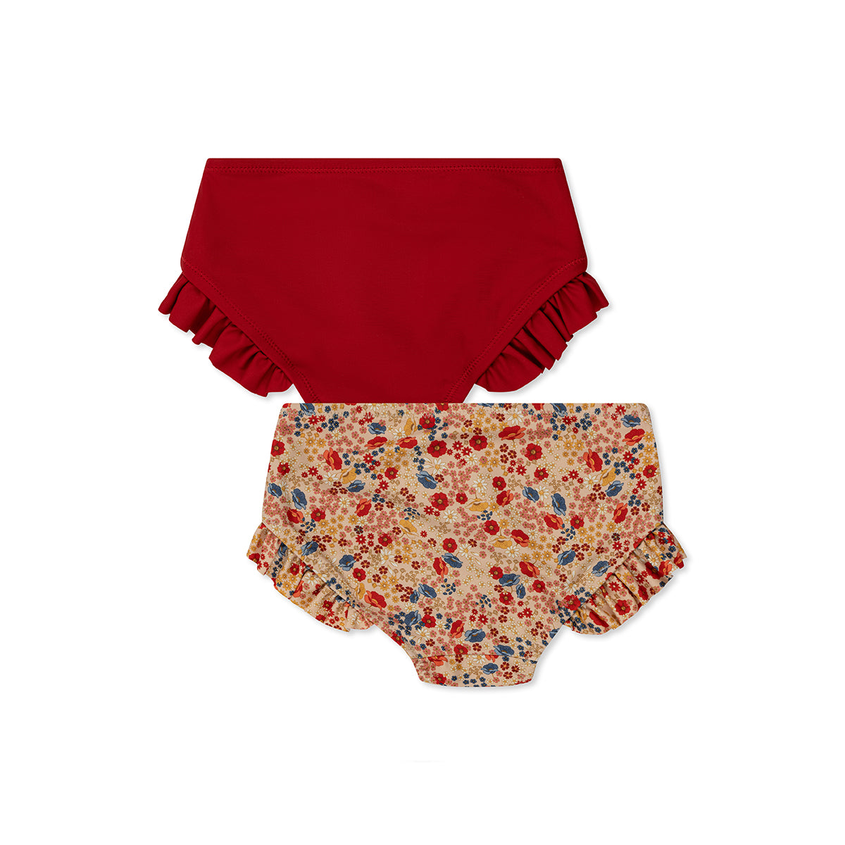 De Konges Slojd 2-pack manuca bikinibroekjes villetta/barbados cherry is perfect voor zomerse dagen. Deze zwembroekjes voor kinderen hebben leuke franjes. Zwembroekjes in rood en bloemetjesprint. VanZus.