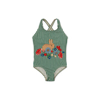 De Konges Slojd basic badpak bunny is perfect voor zomerse dagen op het strand. Dit zwempak voor meisjes heeft een vrolijke gestreepte print met een konijntje en kleurrijke bloemetjes. VanZus.