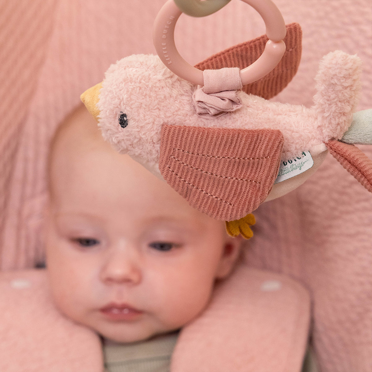 Dit vrolijke vogeltje van Little Dutch uit de collectie Flowers & Butterflies is ontworpen met speelse texturen. Als je aan haar trekt dan begint ze te trillen. Een goede stimulans voor de zintuigen van je kindje. VanZus