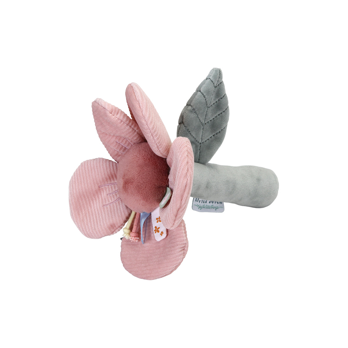 Hoe schattig is deze zachte bloem rammelaar van het merk Little Dutch? Het roze speeltje is versierd met prachtige labels, corduroy blaadjes en kleurrijke touwknoopjes. Ook maakt de rammelaar een ratelend geluid. VanZus