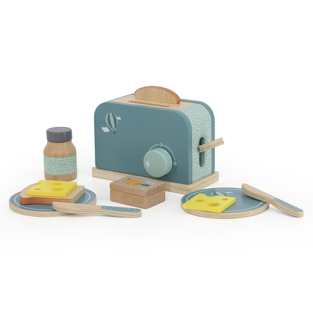 Stimuleer leerzaam rollenspel met het Label Label broodrooster groen. De set met houten keukenspeelgoed bestaat uit 11 delen, met o.a. een broodrooster en broodjes. De toaster is gemaakt van duurzaam FSC-hout. VanZus.