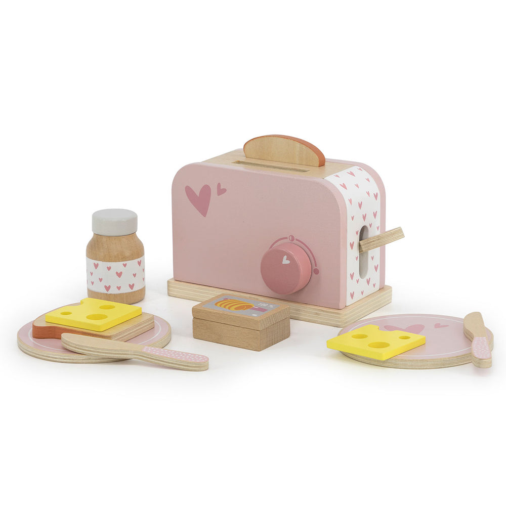 Stimuleer leerzaam rollenspel met het Label Label broodrooster roze. De set met houten keukenspeelgoed bestaat uit 11 delen, met o.a. een houten broodrooster en broodjes. De toaster is gemaakt van duurzaam FSC-hout. VanZus.