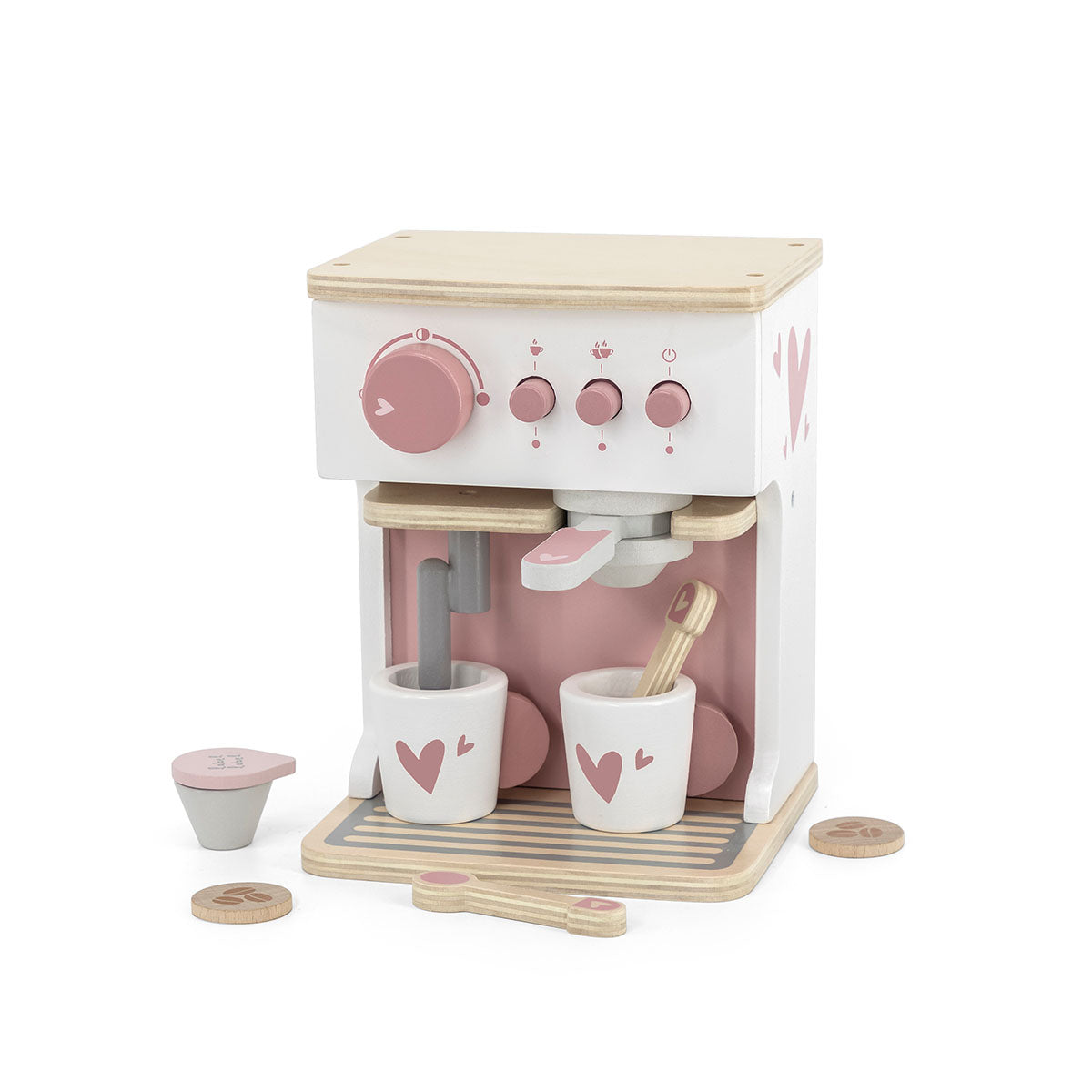 Word een echte barista met de Label Label koffiemachine roze. Dit houten espressoapparaat ziet er heel realistisch uit en heeft diverse leuke accessoires, als een stoompijpje en koffiecups. Dit houten speelgoed is gemaakt van FSC-hout. VanZus.