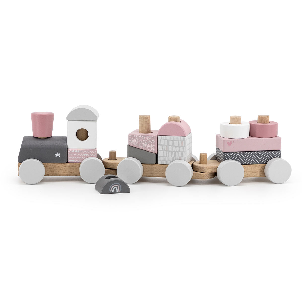 Tjoeke-tjoeke, daar komt de Label Label blokkentrein roze aan! Deze houten trein bestaande uit een locomotief, twee wagonnetjes en maar liefst 14 bouwblokken. De trein is gemaakt van duurzaam FSC-hout. VanZus.