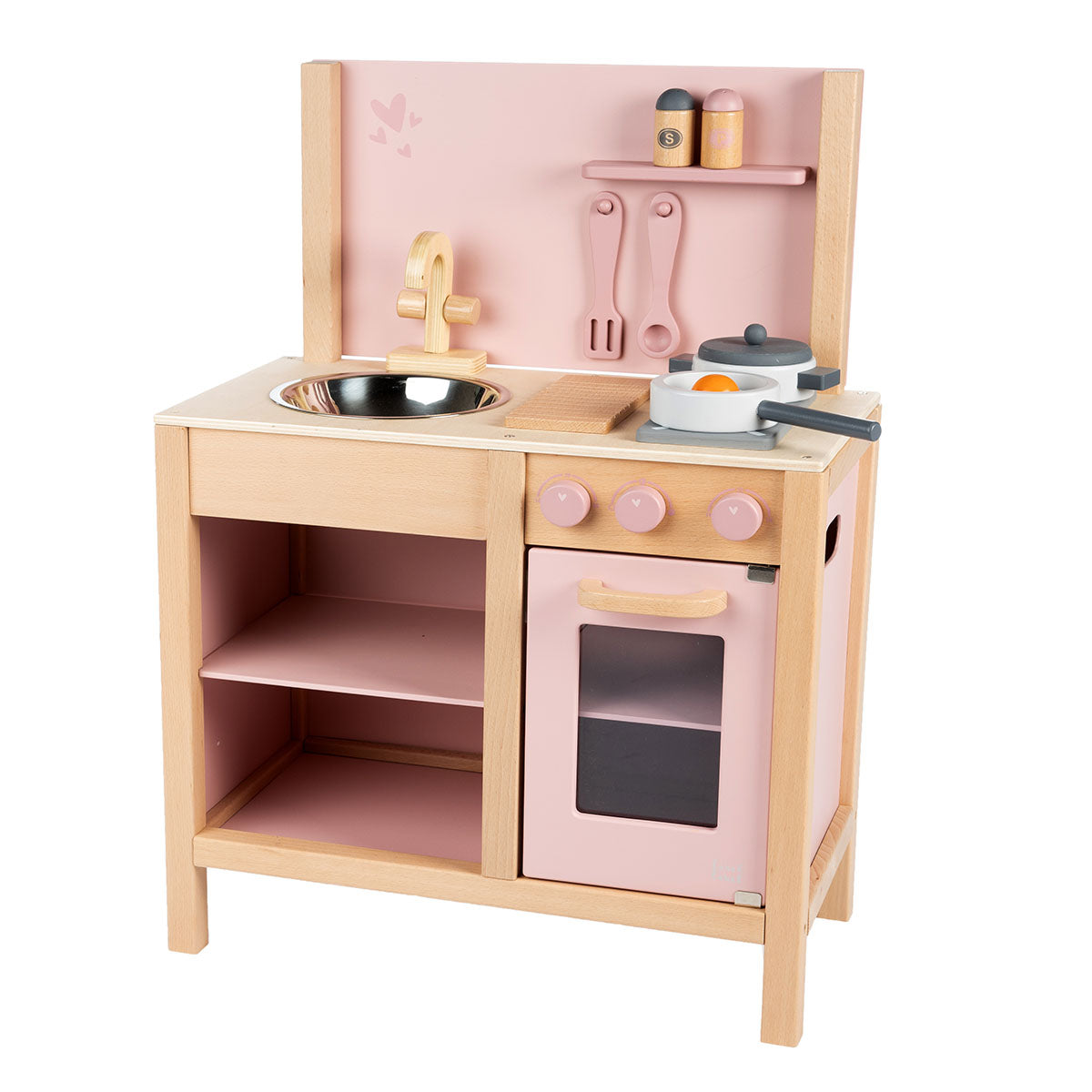 Je kleintje kan heerlijk kokkerellen in deze Label Label speelkeuken roze. Deze houten keuken heeft van alles: een oven, spoelbak, kastje en mooie accessoires als pannetjes en keukengerei. Alles is van FSC-hout. VanZus.