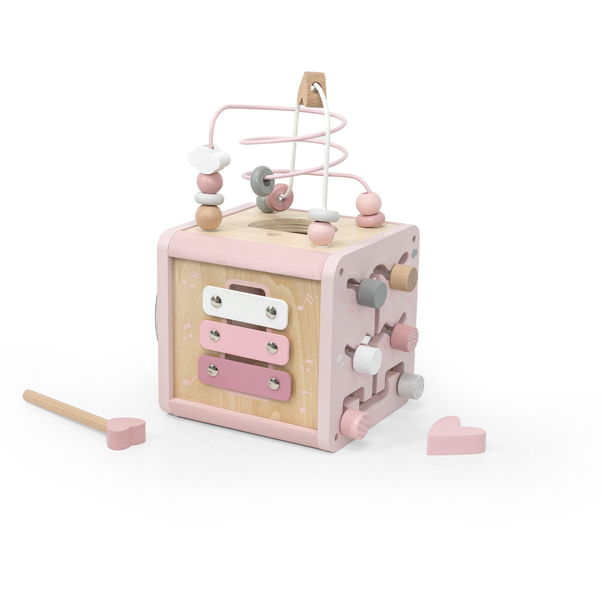 Dit is de Label Label activiteitenkubus roze, een 5-in-1 speelkubus met een kralenspiraal, xylofoon, vormenstoof en meer. Een geweldig stuk houten speelgoed dat jouw kindje uitdaagt op diverse vlakken. VanZus.