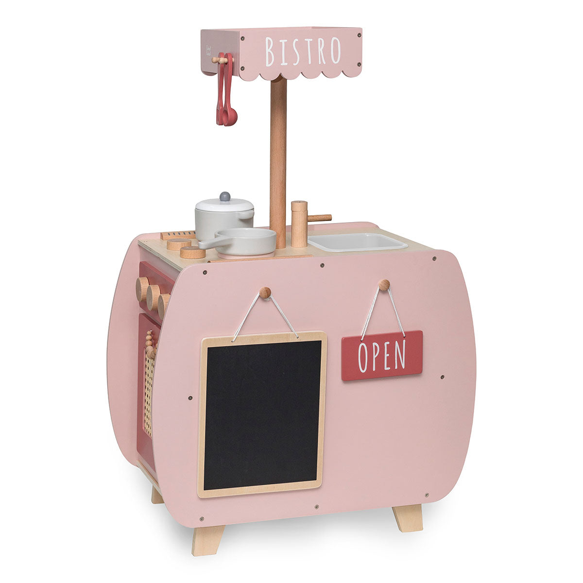 Waan je een echte kok in deze Label Label Bistro keuken roze. De ideale houten speelkeuken, die alles heeft: ovens, spoelbak, koelkast, opbergruimte en de mooiste accessoires. De keuken is gemaakt van FSC-hout. VanZus.