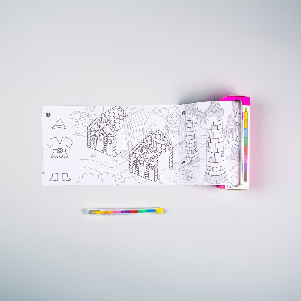 OMY pocket game en kleurplaat Magic is het perfecte teken spelletje om overal mee naartoe te nemen. In de pocket game zit een lange rol papier van een meter lang, met daarop mooie kleurplaten en leuke spelletjes. VanZus.
