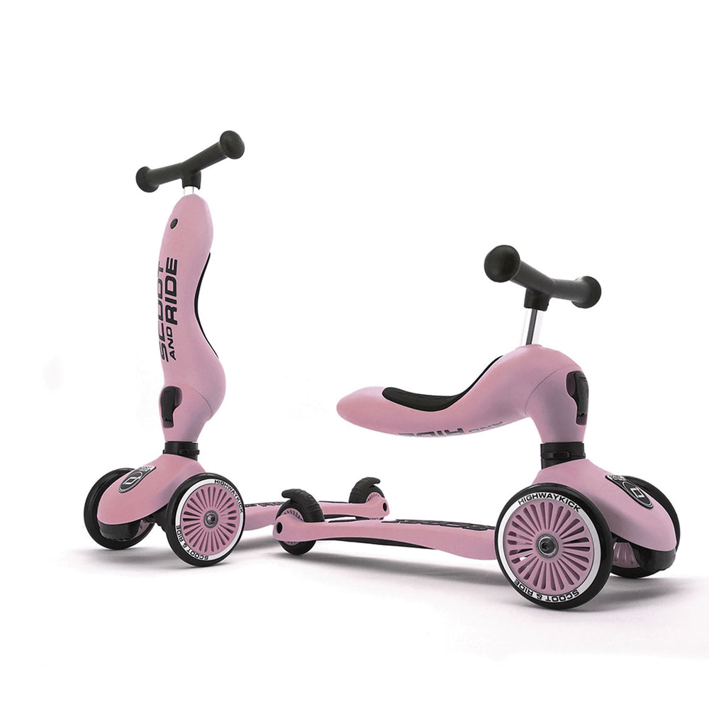 De Scoot and Ride Highwaykick 1 rose is een loopfiets en step in 1. De Scoot and Ride is het perfecte verjaardagscadeau voor een eerste verjaardag. Deze variant heeft een mooie roze kleur. VanZus.
