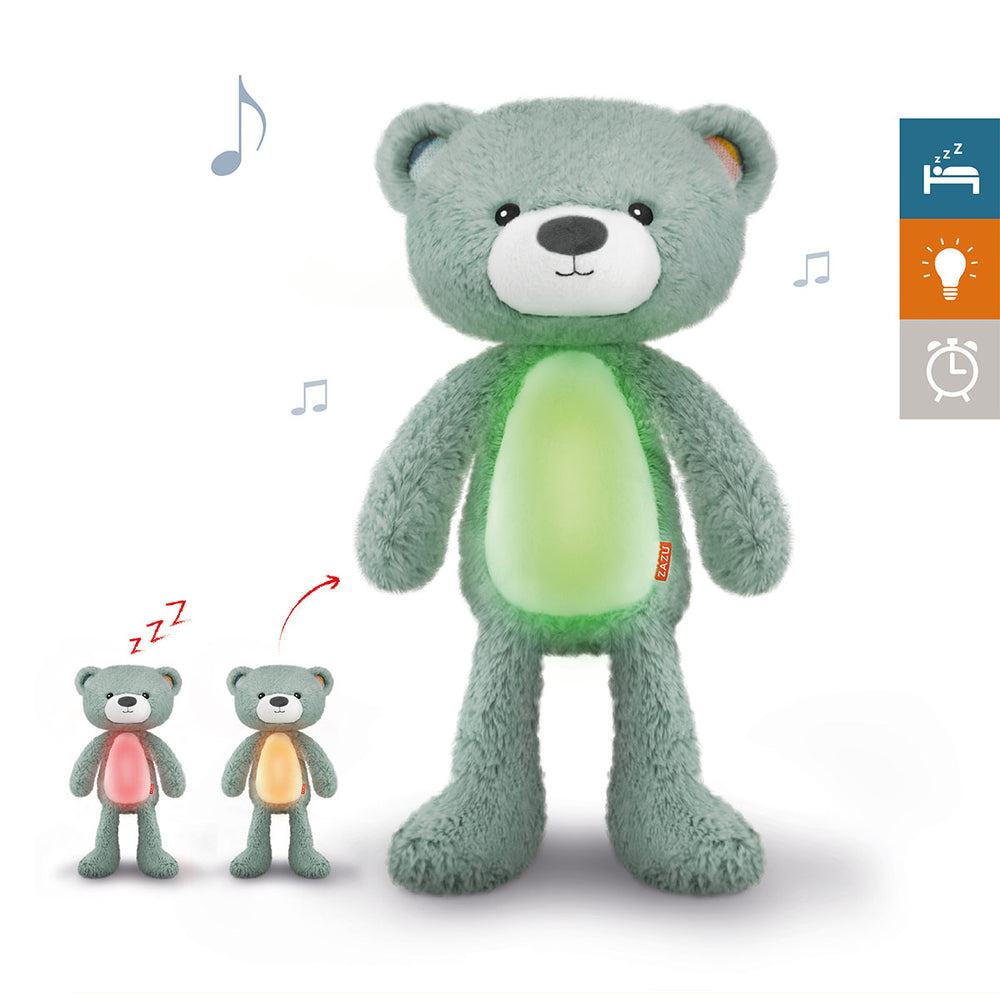 De ZAZU Slaaptrainer Brody the bear blue is een nachtlamp in de vorm van een blauwe beer met timer en muziek. Een handig hulpmiddel voor kids om ze te leren wanneer het dag-nacht/bedtijd-speeltijd is. VanZus.