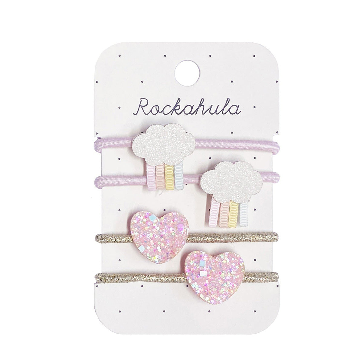 Cuteness overload met Rockahula’s pastel rainy cloud elastiekjes! De set bestaat uit 4 elastieken in verschillende kleuren en versieringen: glitter wolkjes en glitter hartjes. Handig en hip! VanZus