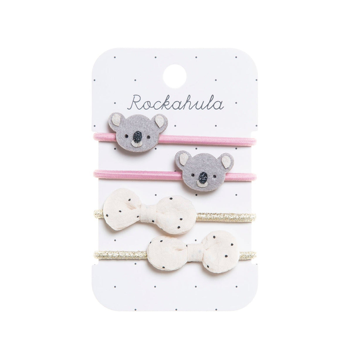 De kimmy koala elastiekjes van Rockahula zijn schattig! De set van 4 elastiekjes is versierd met een lief koala gezichtje én witte strikjes met polkadot print. De elastieken zijn lief, handig en leuk als cadeau! VanZus