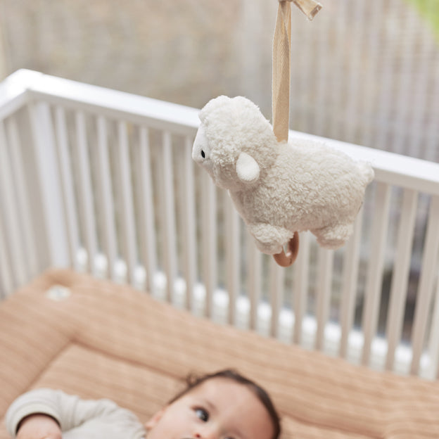 In slaap vallen met het fijne muziekje van de muziekhanger lamb van Jollein. Trek aan het touwtje en het schaapje speelt het liedje ‘Slaap kindje, slaap’ af. Deze muziekdoos is ook heel erg leuk als kraamcadeau of cadeau tijdens de zwangerschap. 